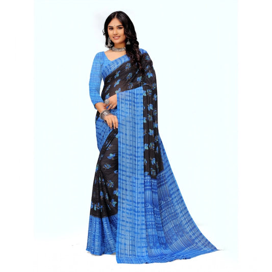 Georgette Printed Saree With Unstitched Blouse (Blue)