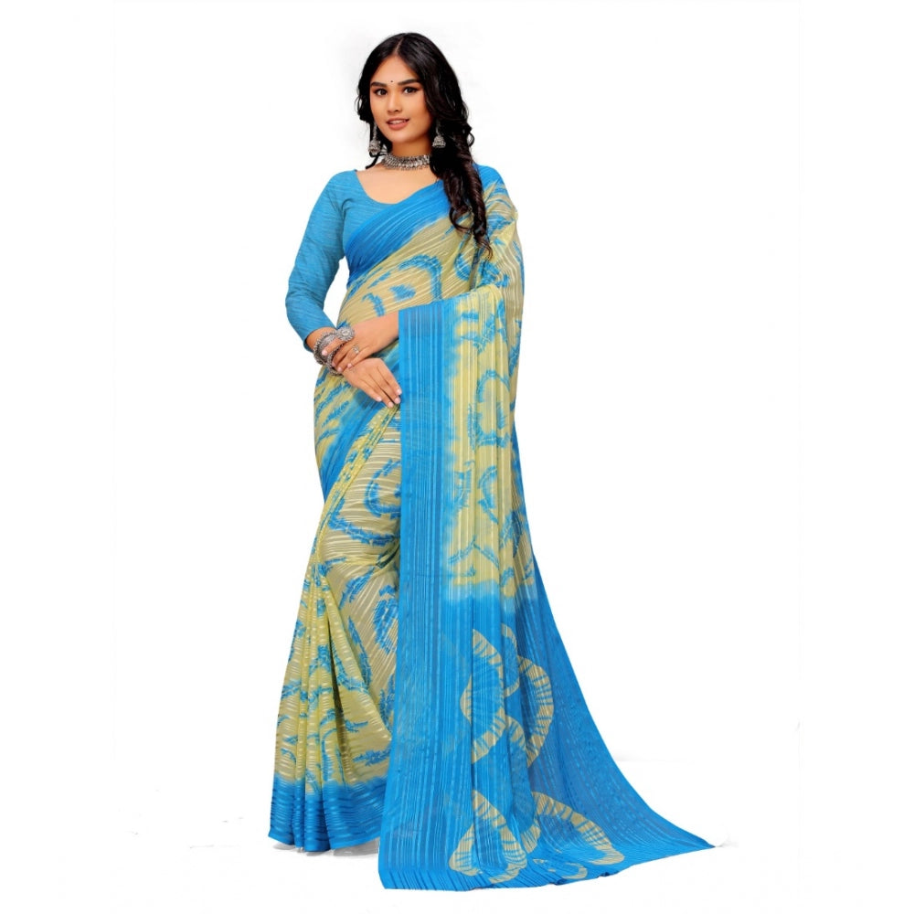 Georgette Printed Saree With Unstitched Blouse (Skyblue)