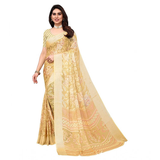 Viscose Rayon Printed Saree With Unstitched Blouse (Yellow)