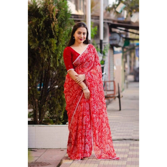 Georgette Printed Saree With Unstitched Blouse (Red)