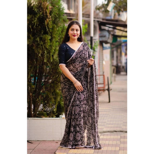 Georgette Printed Saree With Unstitched Blouse (Black)