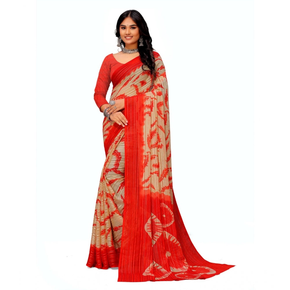 Georgette Printed Saree With Unstitched Blouse (Red)