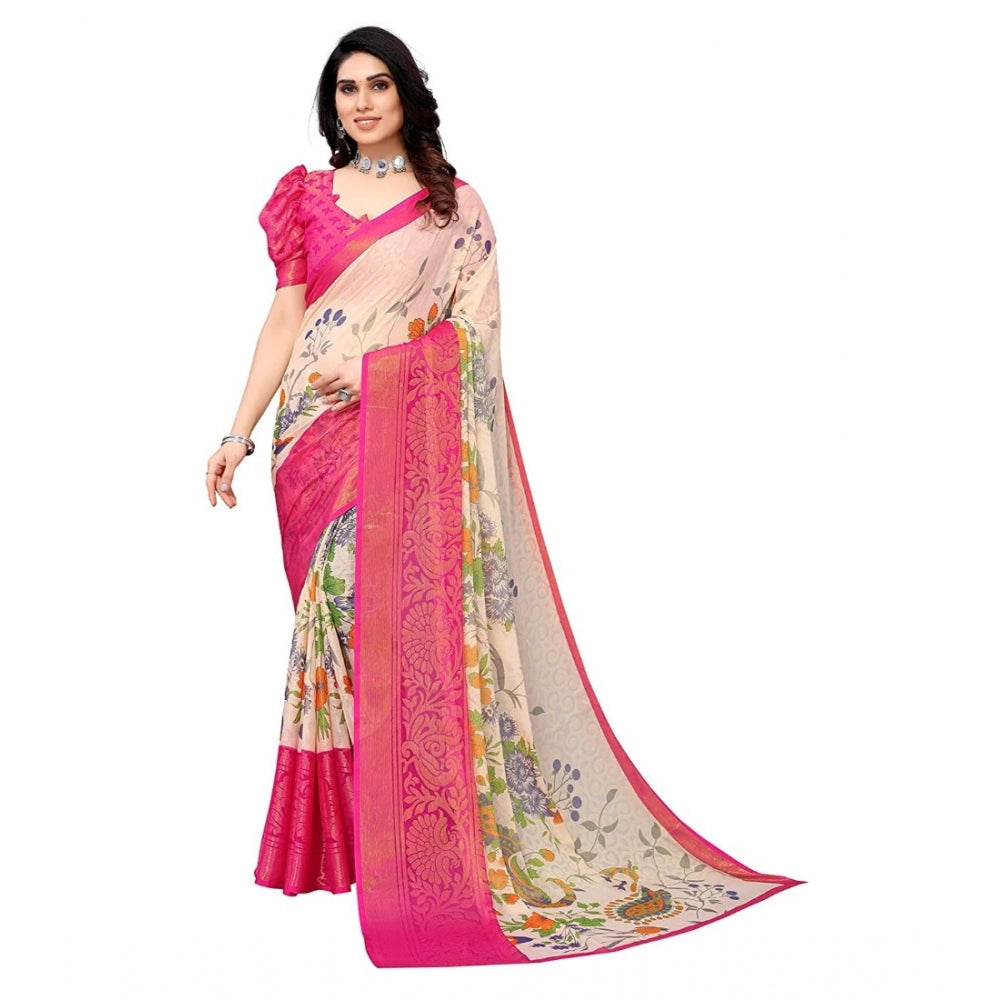 Viscose Rayon Printed Saree With Unstitched Blouse (Pink)