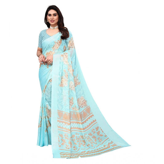 Viscose Rayon Printed Saree With Unstitched Blouse (Sky Blue)