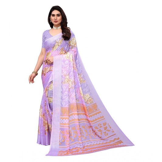 Viscose Rayon Printed Saree With Unstitched Blouse (Purple)