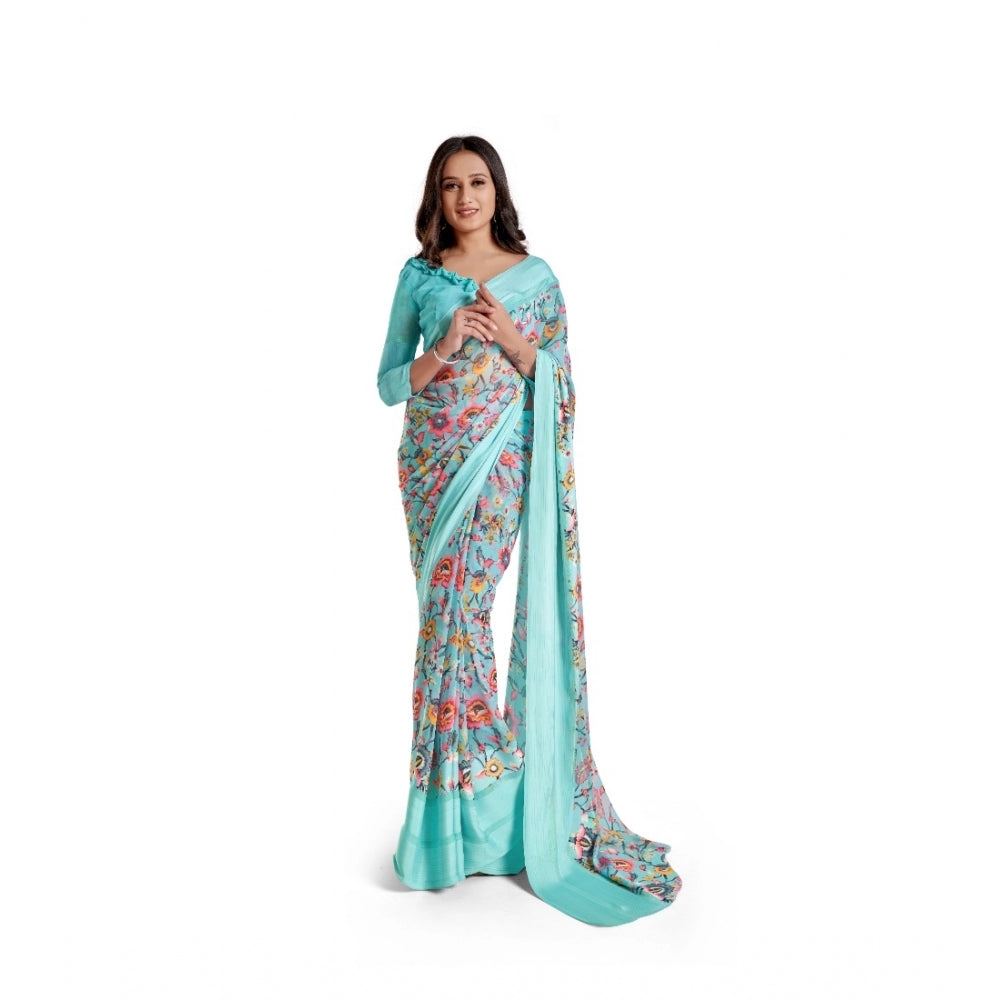 Satin Patta Printed Saree With Unstitched Blouse (Skyblue)