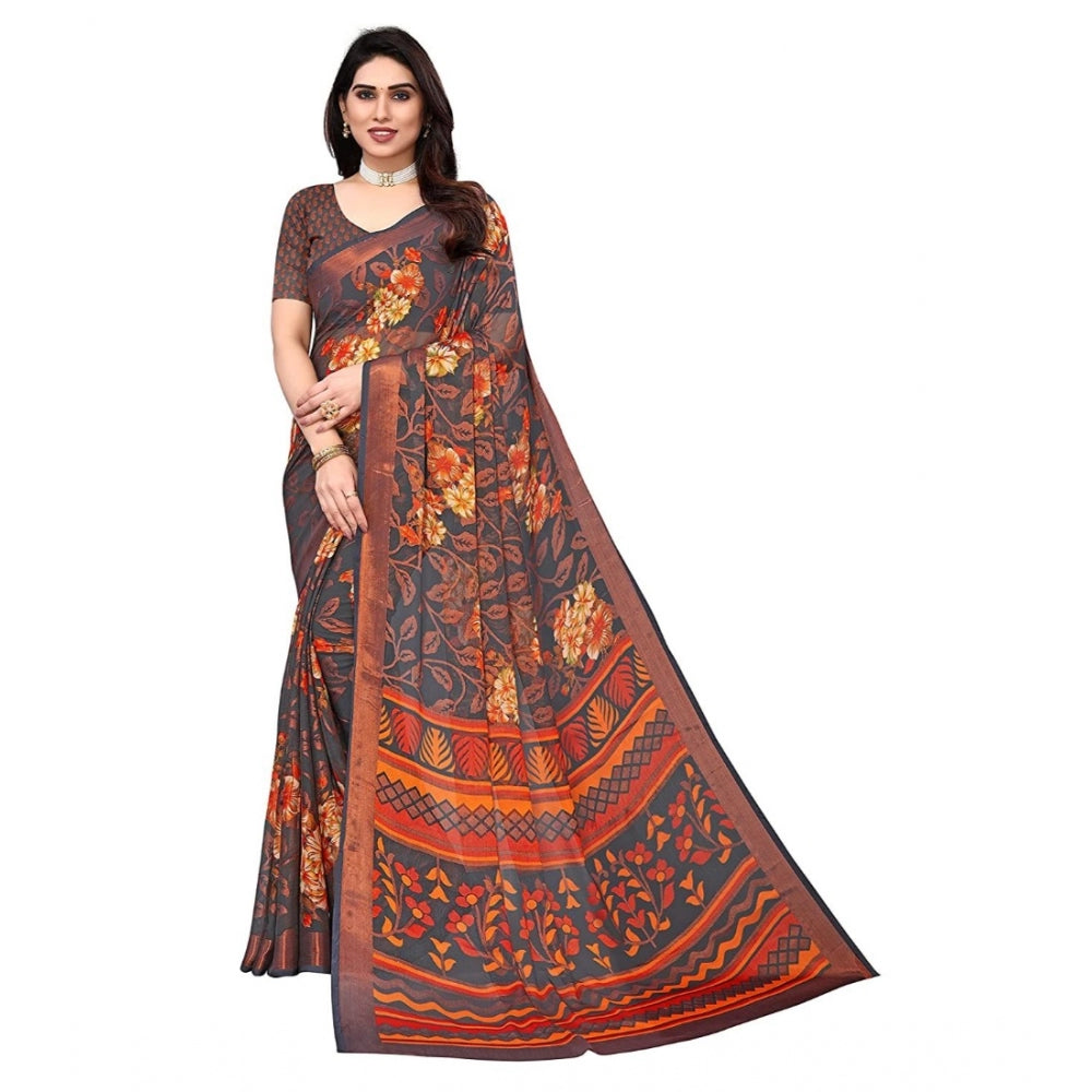 Viscose Rayon Printed Saree With Unstitched Blouse (Grey)