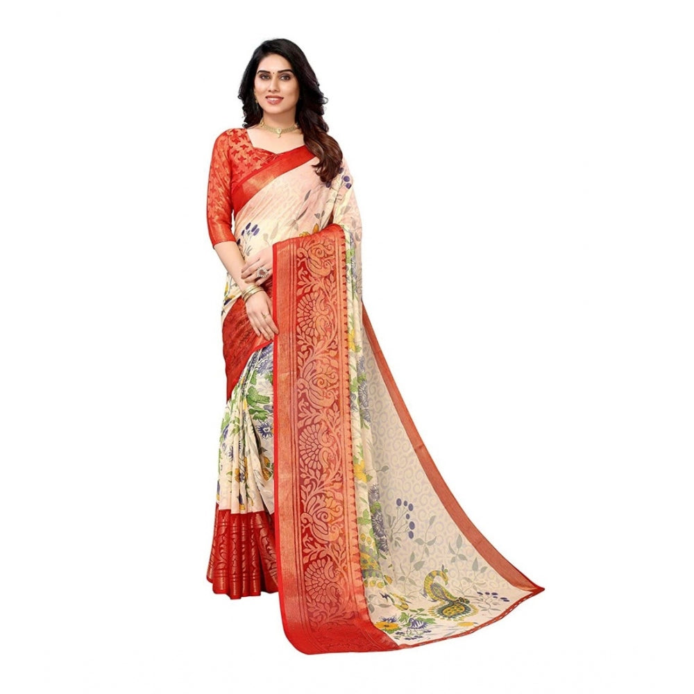 Viscose Rayon Printed Saree With Unstitched Blouse (Red)