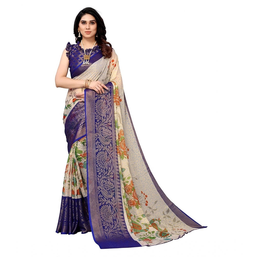 Viscose Rayon Printed Saree With Unstitched Blouse (Blue)