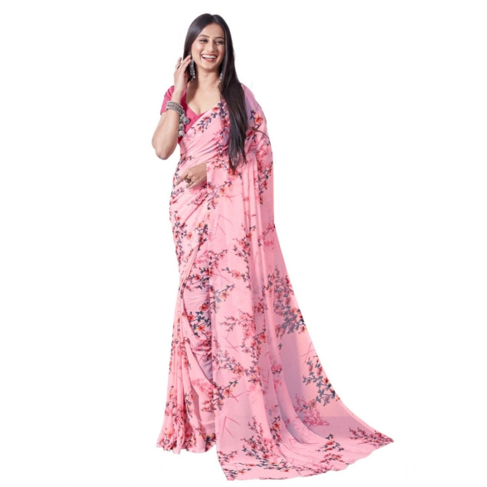 Georgette Printed Saree With Unstitched Blouse (Pink)