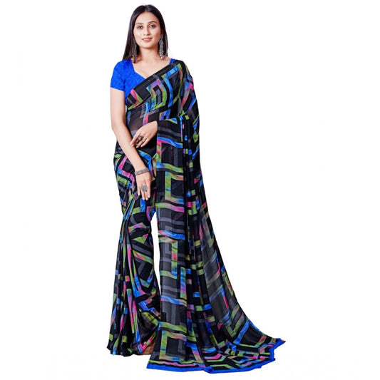 Georgette Printed Saree With Unstitched Blouse (Blue)