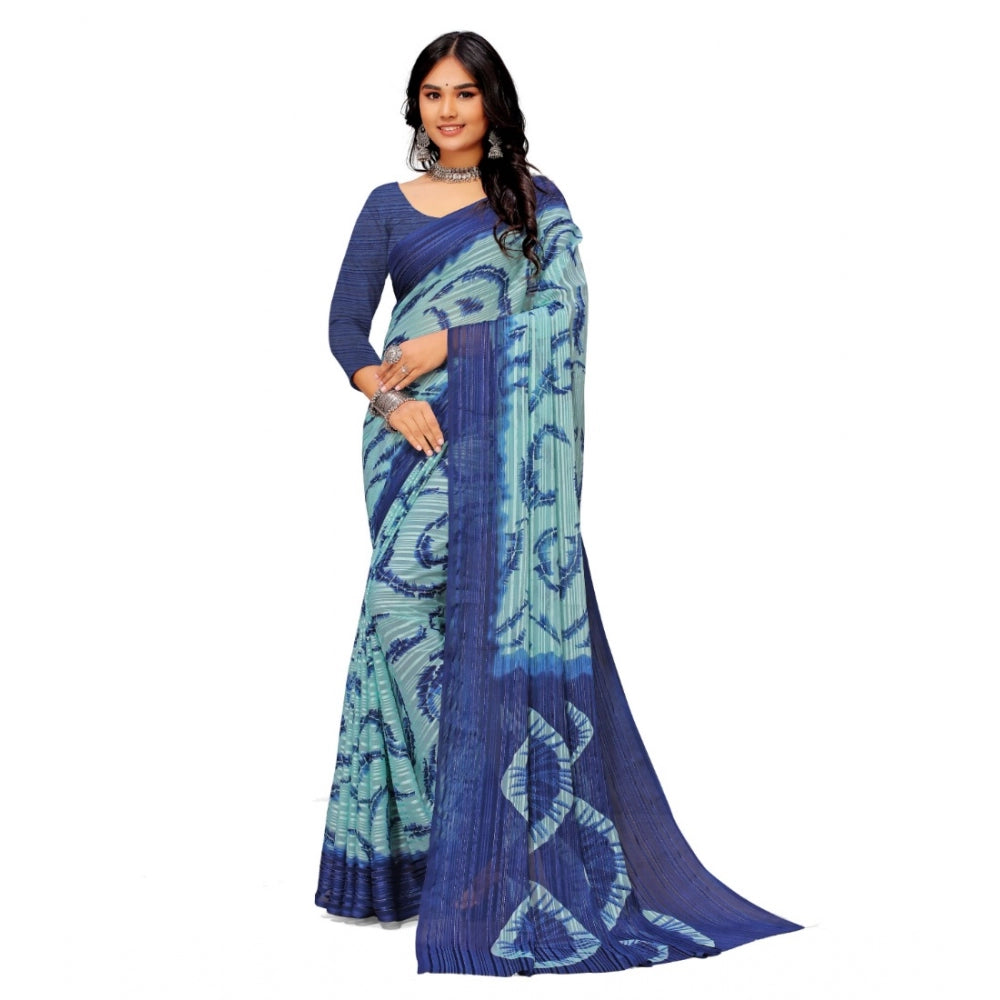 Georgette Printed Saree With Unstitched Blouse (Blue)