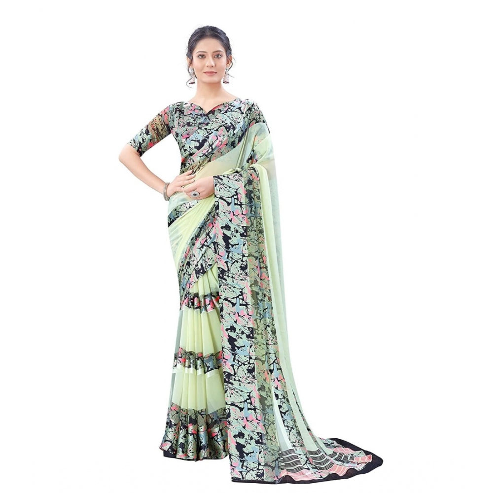 Satin Patta Printed Saree With Unstitched Blouse (Cream)