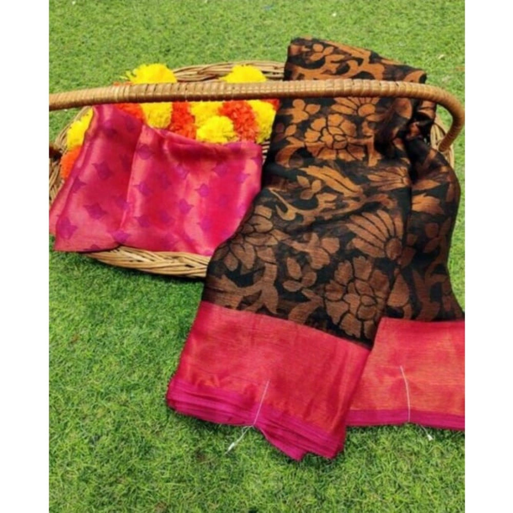 Viscose Rayon Printed Saree With Unstitched Blouse (Black Pink)