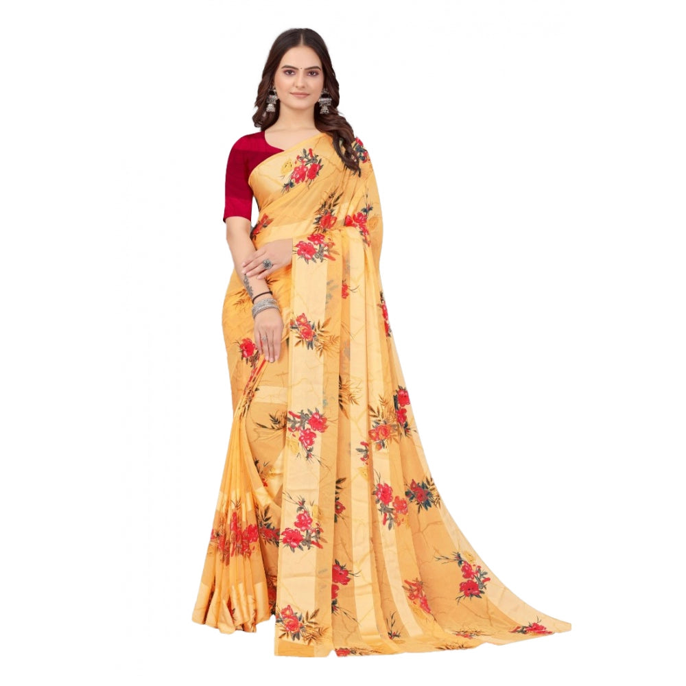 Satin Patta Printed Saree With Unstitched Blouse (Beige)