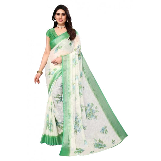 Viscose Rayon Printed Saree With Unstitched Blouse (Green)