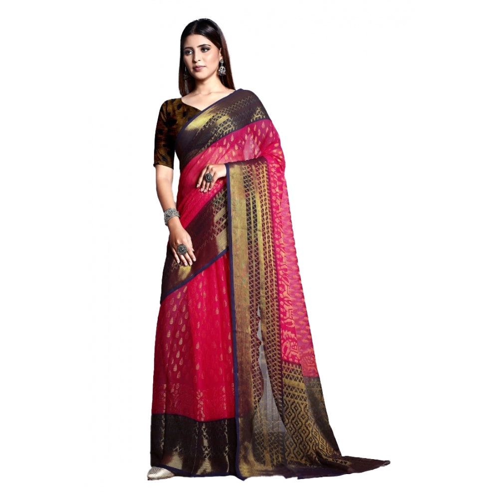 Viscose Rayon Printed Saree With Unstitched Blouse (Pink)