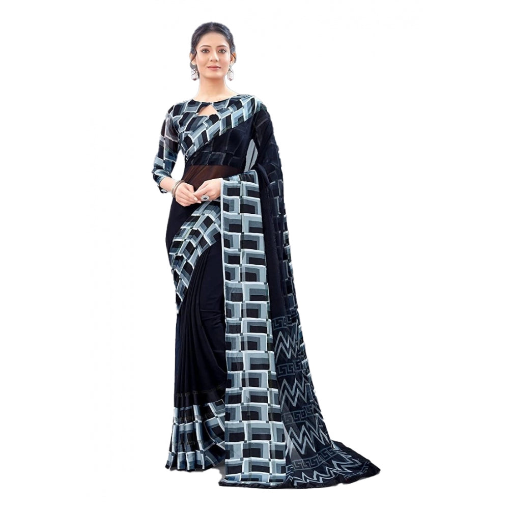 Satin Patta Printed Saree With Unstitched Blouse (Black)