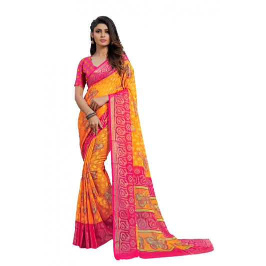 Viscose Rayon Printed Saree With Unstitched Blouse (Yellow)