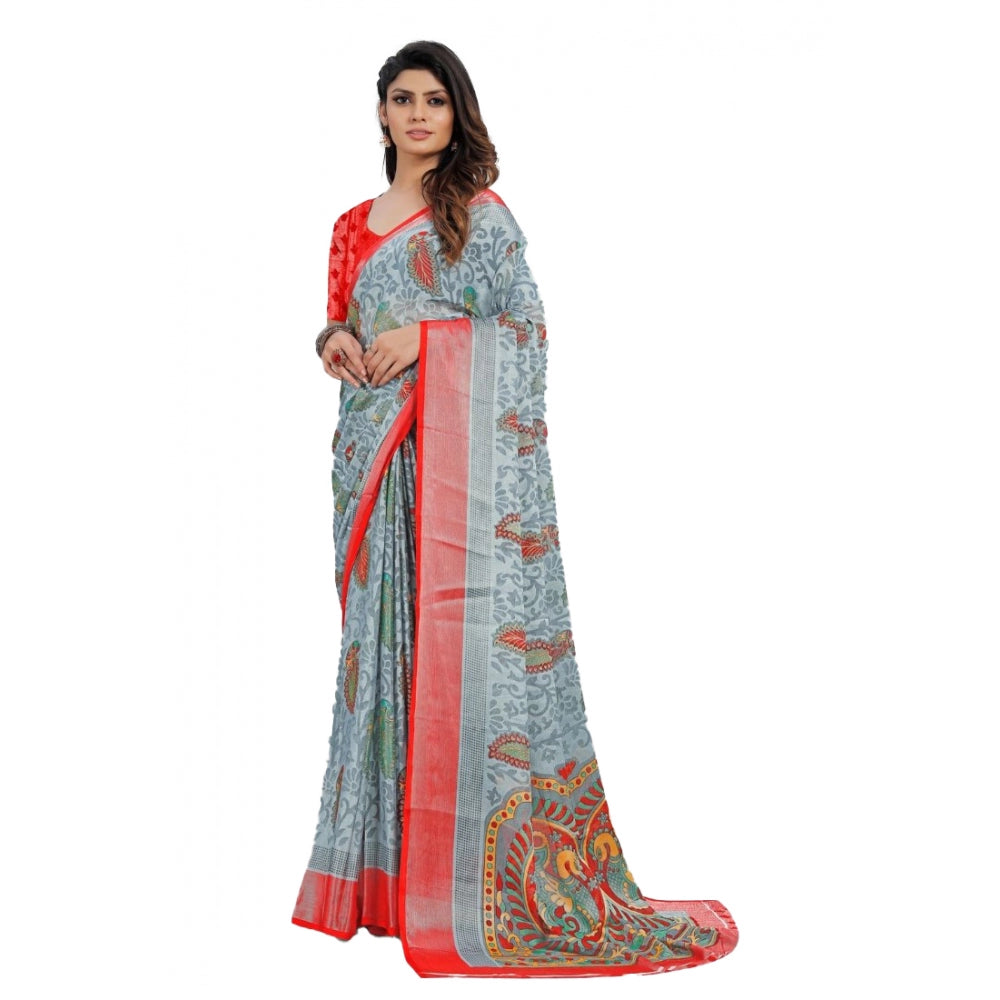 Viscose Rayon Printed Saree With Unstitched Blouse (Grey)