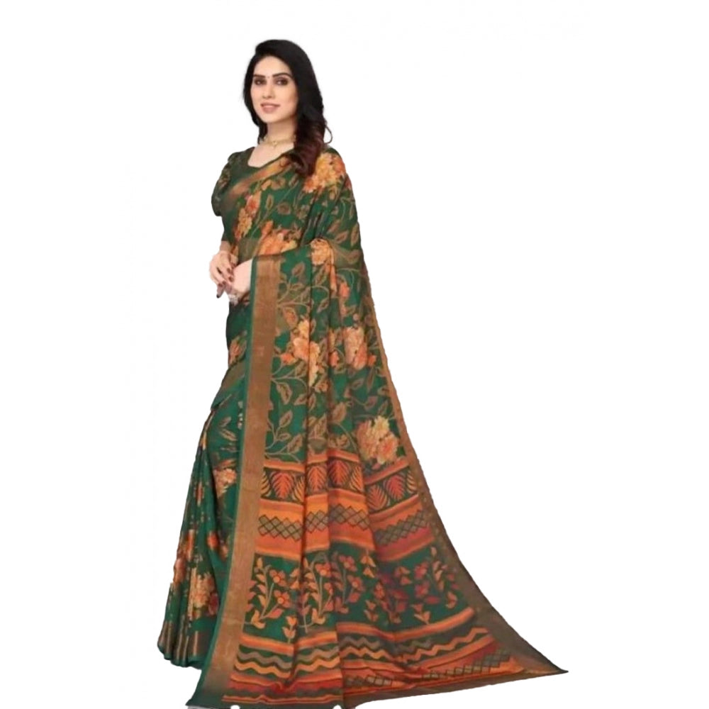 Viscose Rayon Printed Saree With Unstitched Blouse (Green)