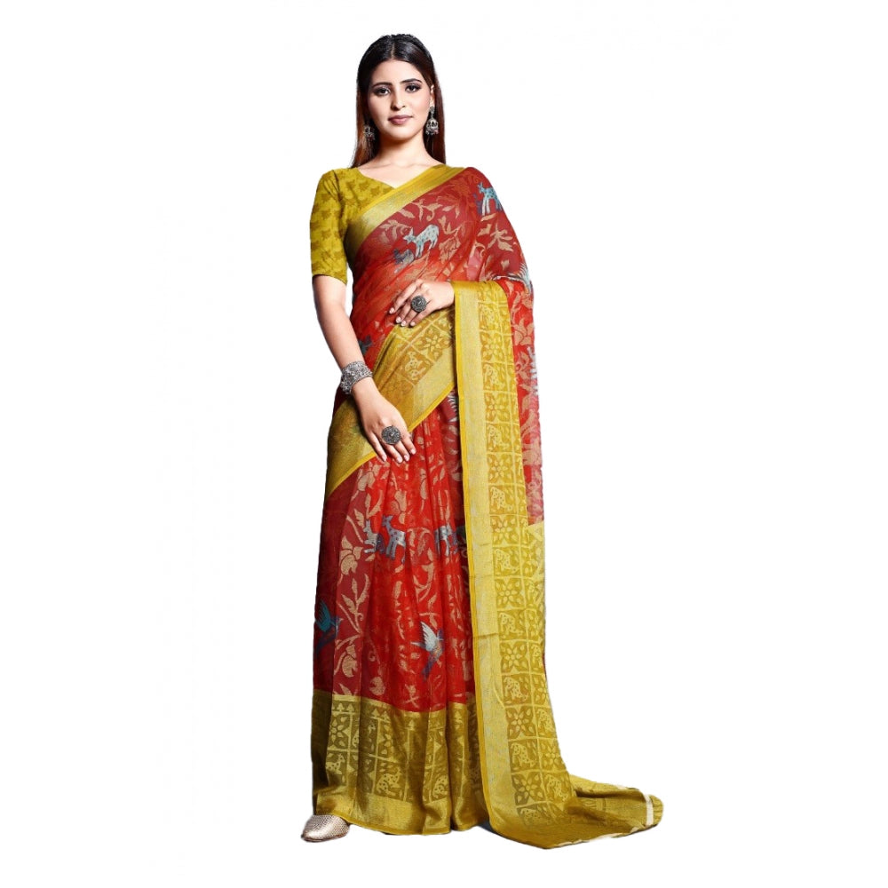 Viscose Rayon Printed Saree With Unstitched Blouse (Red)