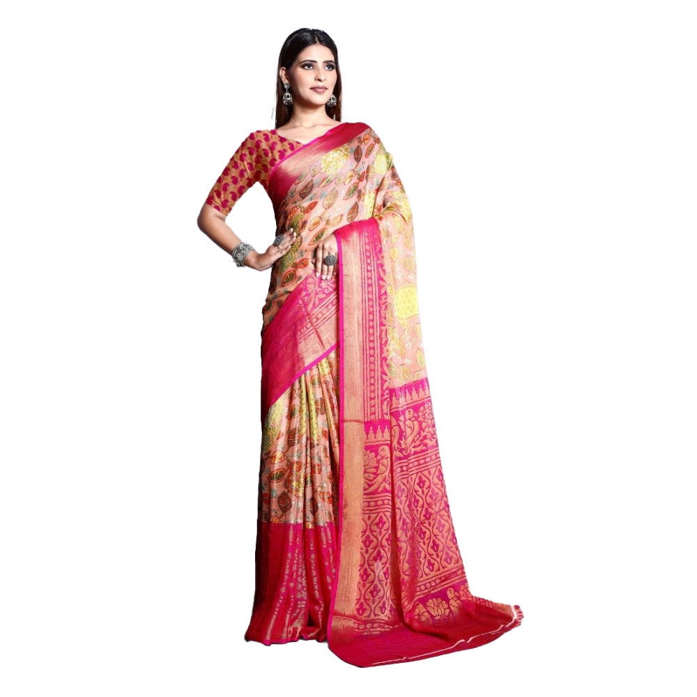 Viscose Rayon Printed Saree With Unstitched Blouse (Pink)