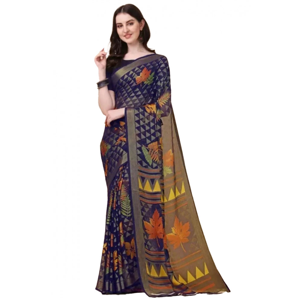 Viscose Rayon Printed Saree With Unstitched Blouse (Navy Blue)