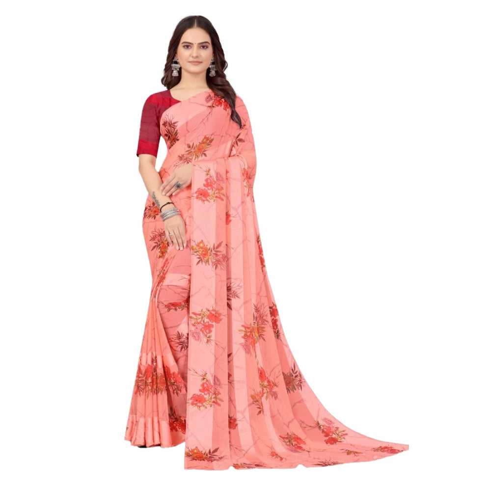 Patta Printed Saree With Unstitched Blouse (Peach)