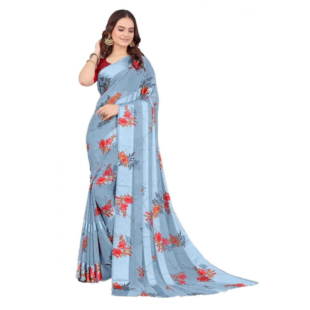 Satin Patta Printed Saree With Unstitched Blouse (Grey)