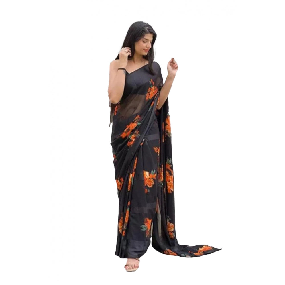 Satin Patta Printed Saree With Unstitched Blouse (Orange)