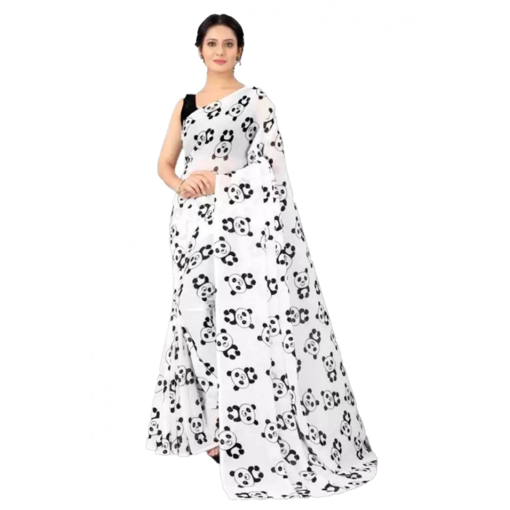 Georgette Printed Saree With Unstitched Blouse (White)