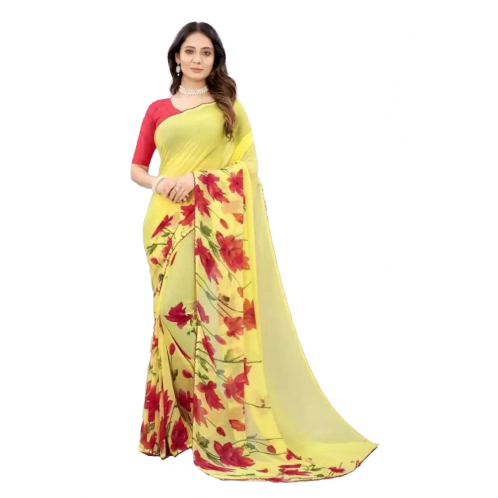 Georgette Printed Saree With Unstitched Blouse (Yellow)