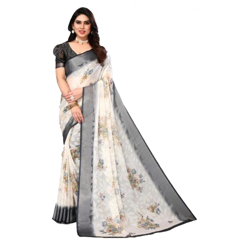 Viscose Rayon Printed Saree With Unstitched Blouse (Black)