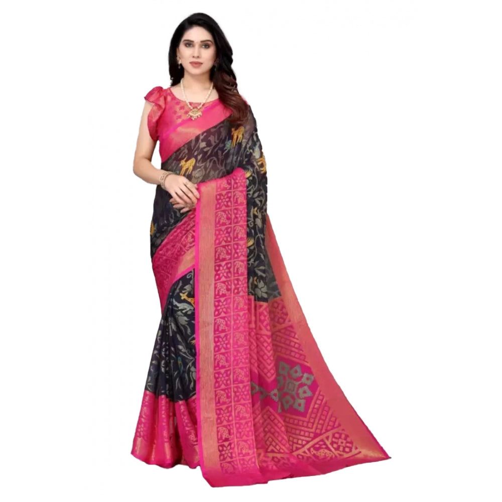 Viscose Rayon Printed Saree With Unstitched Blouse (Navy Blue)