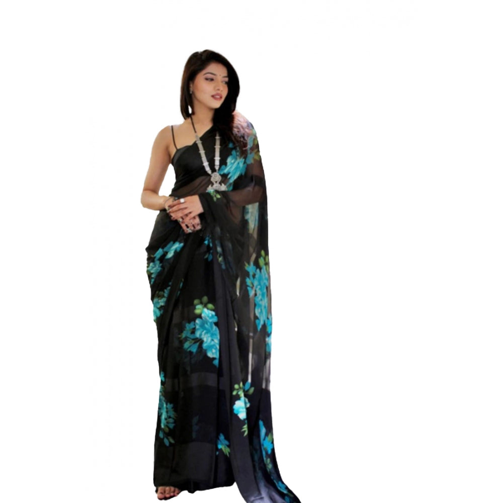 Satin Patta Printed Saree With Unstitched Blouse (Blue)