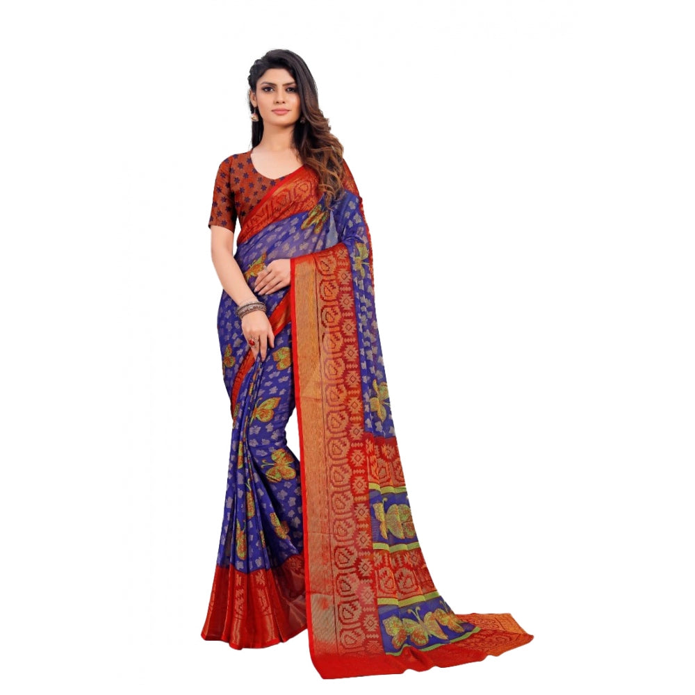 Viscose Rayon Printed Saree With Unstitched Blouse (Blue)