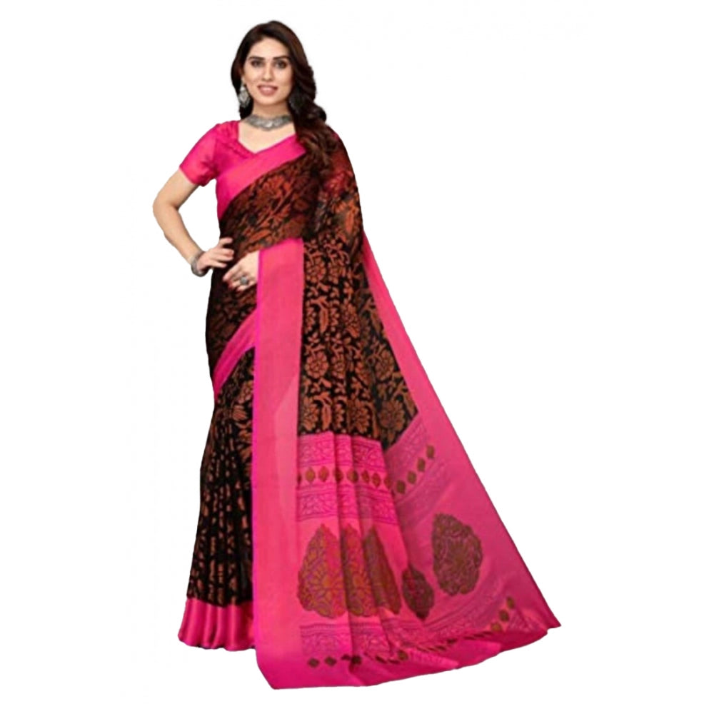 Viscose Rayon Printed Saree With Unstitched Blouse (Black)