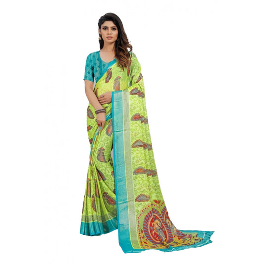 Viscose Rayon Printed Saree With Unstitched Blouse (Mehendi)