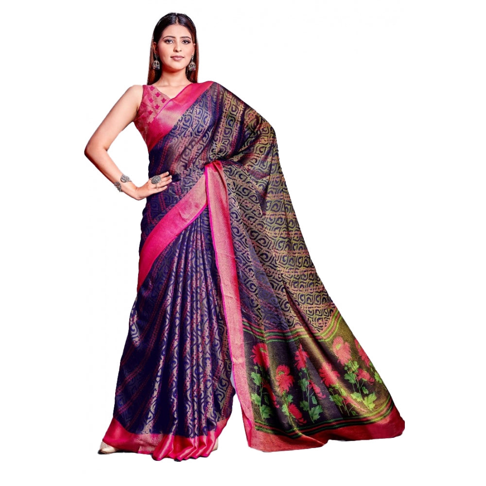 Viscose Rayon Printed Saree With Unstitched Blouse (Navy Blue)