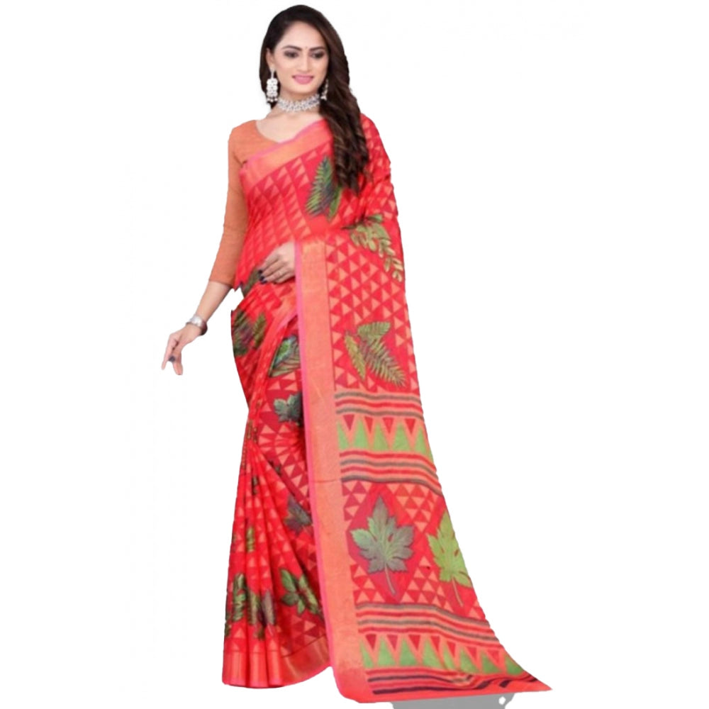 Viscose Rayon Printed Saree With Unstitched Blouse (Red)