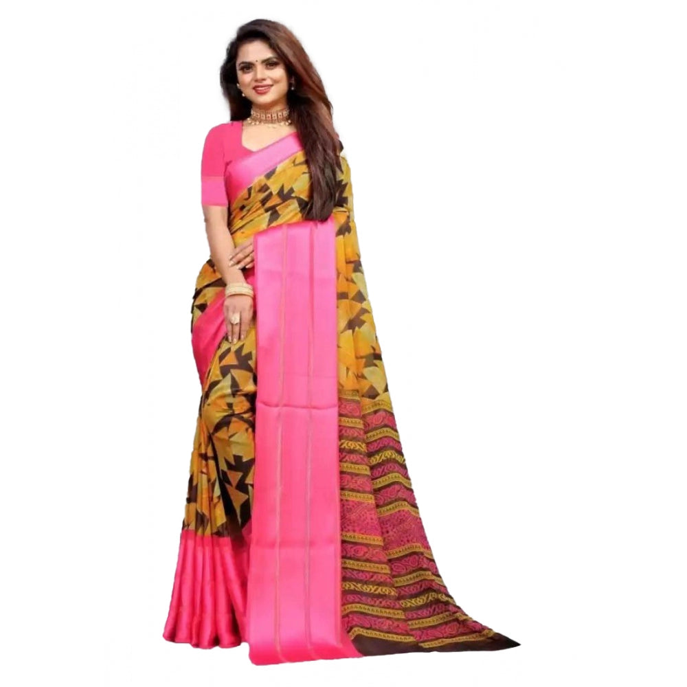 Satin Patta Printed Saree With Unstitched Blouse (Pink)