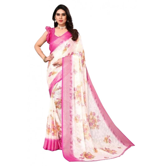 Viscose Rayon Printed Saree With Unstitched Blouse (Pink)