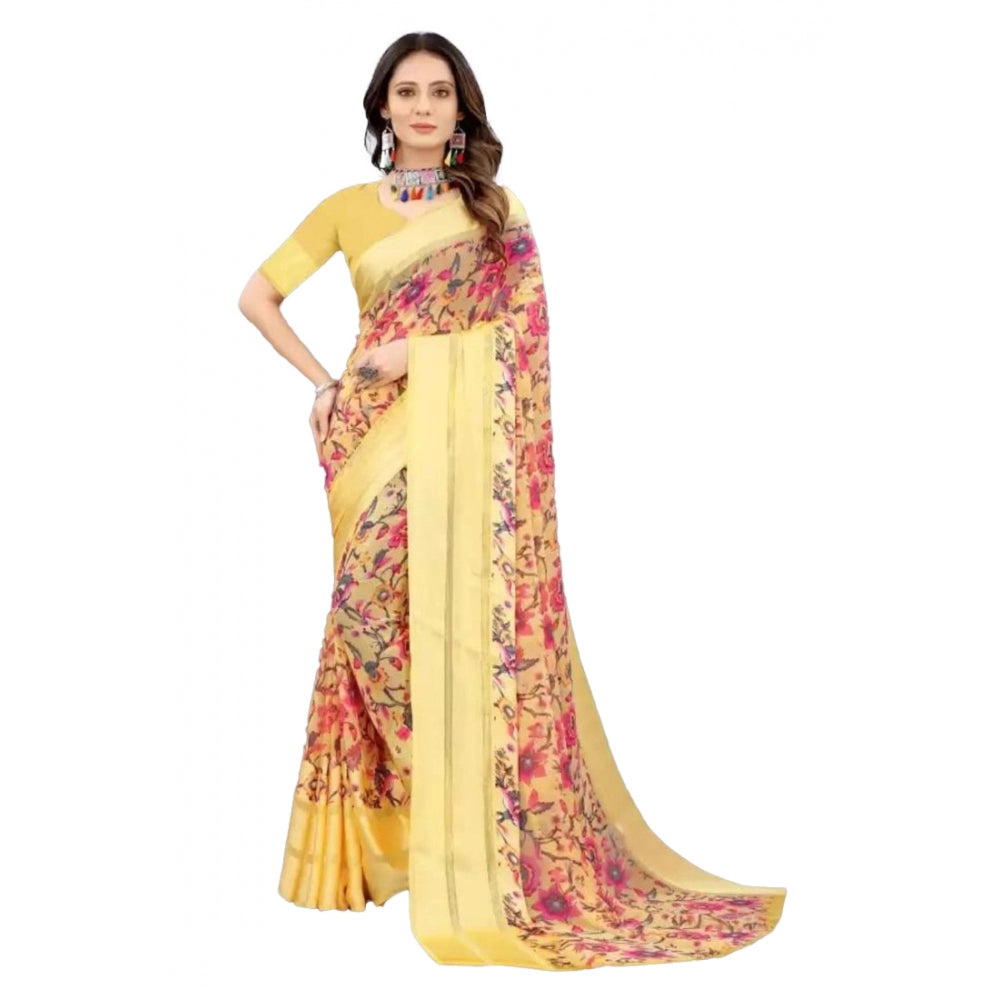 Satin Patta Printed Saree With Unstitched Blouse (Yellow)