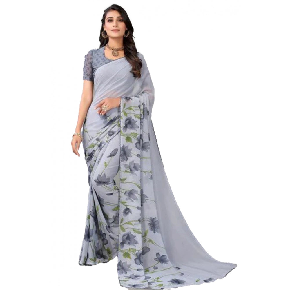 Georgette Printed Saree With Unstitched Blouse (Grey)