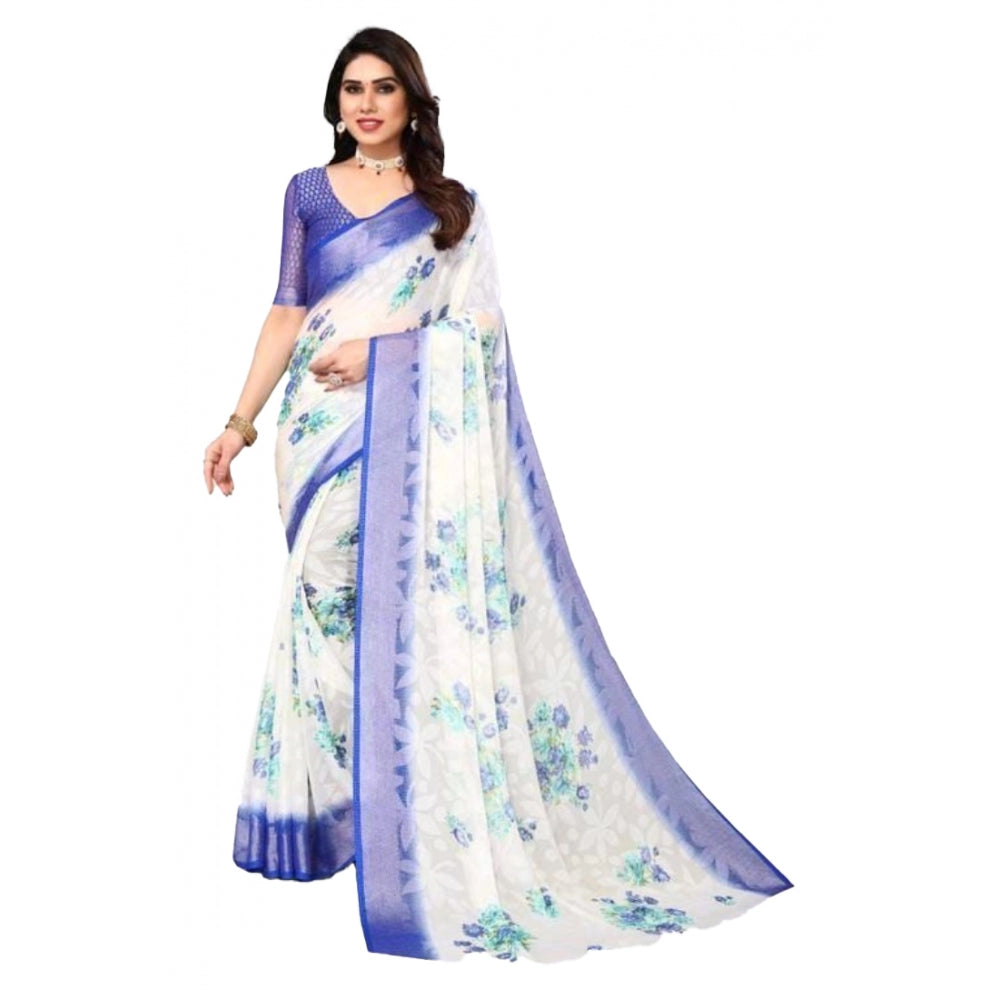 Viscose Rayon Printed Saree With Unstitched Blouse (Blue)