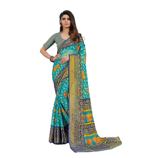 Viscose Rayon Printed Saree With Unstitched Blouse (Sky Blue)