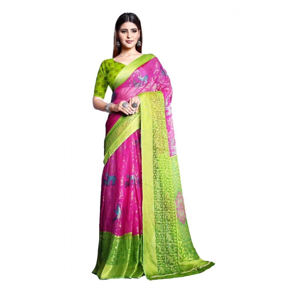 Viscose Rayon Printed Saree With Unstitched Blouse (Pink)