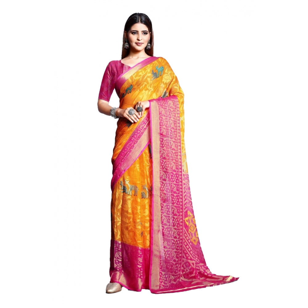 Viscose Rayon Printed Saree With Unstitched Blouse (Yellow)