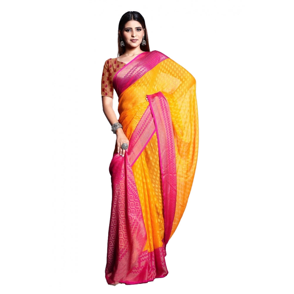 Viscose Rayon Printed Saree With Unstitched Blouse (Yellow)